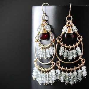 Aquamarine Garnet Chandelier EarringsWire Wrapped Gold Filled Fringe Earrings January Birthstone March Birthstone