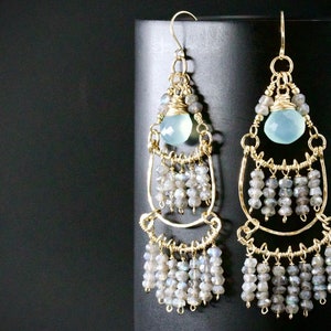 Labradorite Chalcedony Chandelier EarringsWire Wrapped Gold Filled Fringe Earrings