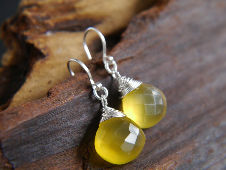 Yellow Chalcedony Earrings Sterling Silver Earrings Heart Briolette Earrings Gemstone Wire Wrapped Gemstone Earrings Marigold image 6