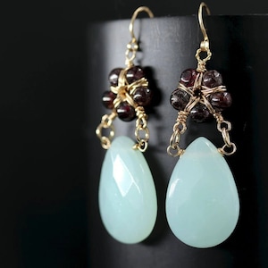 Aqua Chalcedony Garnet Flower Earrings Gold Filled Wire Wrapped Teardrop Dangle Gemstone Earrings Sea Glass Robin's Egg Blue Wedding image 1