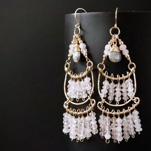 Rose Quartz Earrings Chandelier Wire Wrapped Gold Filled Earrings Fringe Earrings Pink January Birthstone