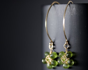 Green Peridot Flower Earrings Dangle Drop Handmade Artisan Jewelry Gold Filled Gemstone Earrings Floral Hoop Boho August Birthstone