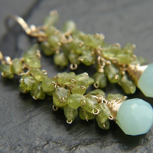 Aqua Chalcedony Peridot Cluster Gold Filled Teardrop Long Dangle Earrings