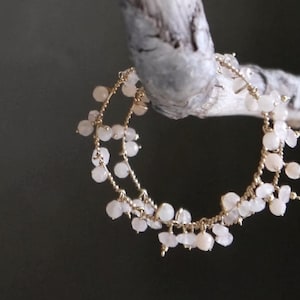 Light Pink Gold Hoop Wire Wrapped Gold Filled Earrings Rose Quartz Garland Floral Rosebud Hoops January Birthstone