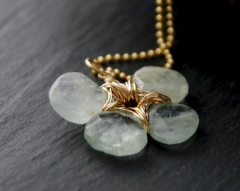 Aquamarine Clover Floral Necklace, 14K Gold Filled Chain, Pendant Necklace, March Birthstone, Aquamarine Teardrop Necklace