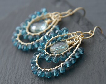 Aqua Green Amethyst Teardrop Hoop Earrings Gold Fill Wire Wrapped Gemstone Briolette Blue Topaz Mystic Quartz Bohemian Boho