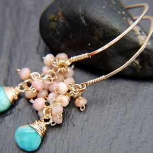 Gold Filled Turquoise Earrings Pink Opal Earrings Long Hoop Earrings Cluster Earrings Flower Earring Bohemian Blush Pink Wedding Bride image 4