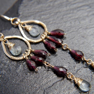 Garnet Aquamarine Chandelier Earrings Wire Wrapped Gold Filled Art Deco Briolette Anthro January  March Birthstone