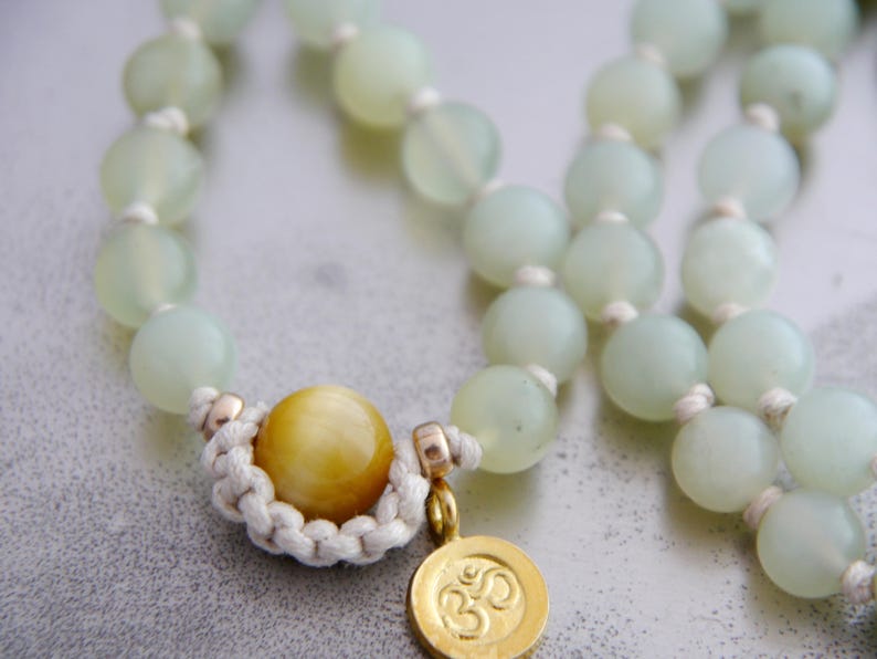Mala Beads 108 Gemstone Necklace Wrap Bracelet Hand Knotted Silk Om Charm Boho Yoga Japa Prayer Meditation image 6
