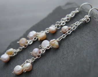 Pearl Earrings Pink Pearl Blossoming Vine Long Dangle Earrings Sterling Silver Tassel Earrings Silver Chain Earrings Wedding Earrings