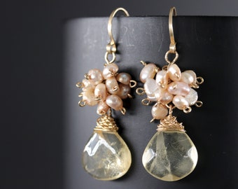 Citrine  Pink Freshwater Pearl Cluster Earrings Gold Filled Wire Wrapped Dangle Teardrop Earrings Blush PinFlower Floral Wedding Bride