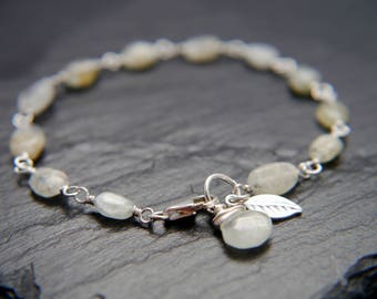 Aquamarine Bracelet Sterling Silver Natural Aquamarine Gemstone Bracelet Layering Bracelet Delicate Sea Glass Boho Bohemian Leaf