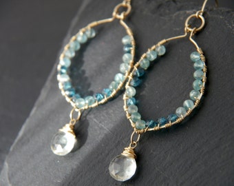 Boho Aqua Apatite Quartz Crystal Hoop Earrings Gold Fill Wire Wrapped Gold Leaf Gemstone Briolette Earrings Bohemian Wedding Bride