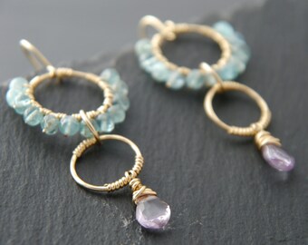 Bohemian Goshenite Amethyst Chandelier Earrings Gold Fill Wire Wrapped Gemstone Briolette Lilac Lavender Aqua Blue Bohemian Wedding