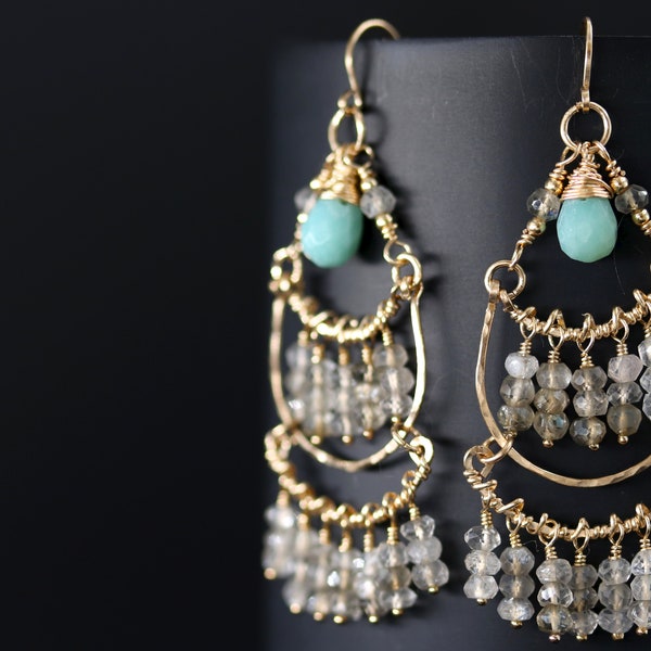 Labradorite Aqua Amazonite Fringe Chandelier Earrings Gold Filled Gemstone Tassel Earrings Boho Bohemian Art Deco Vintage Earrings