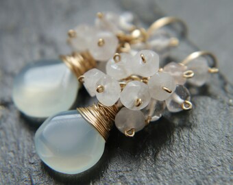 Aqua Chalcedon Rosenquarz Gold Filled Ohrringe Cluster Ohrringe Seeglas Meer Schaum Blume Ohrringe Brautjungfer Edelstein Hochzeit Braut