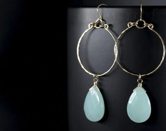 Aqua Chalcedony Earrings Large Gold Hoops Gold Filled Teardrop Dangle Earrings Aqua Gemstone Hammered Gold Wedding Bride