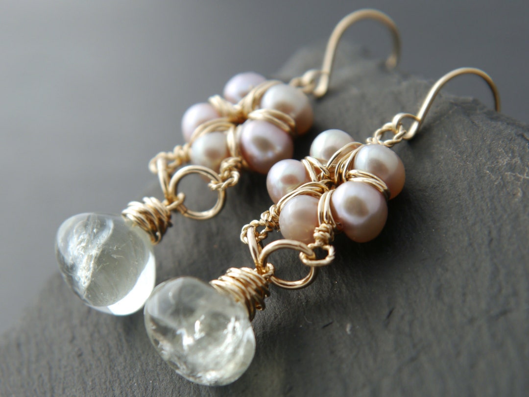 Green Amethyst Pink Pearl Flower Earrings Gold Fill Wire - Etsy