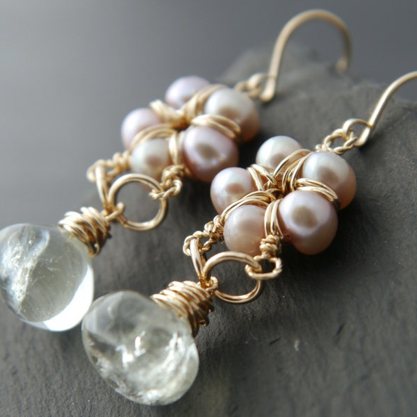 Green Amethyst Pink Pearl Flower Earrings Gold Fill Wire Wrapped Gemstone Earrings Wedding Earrings Sundance Inspired Bohemian