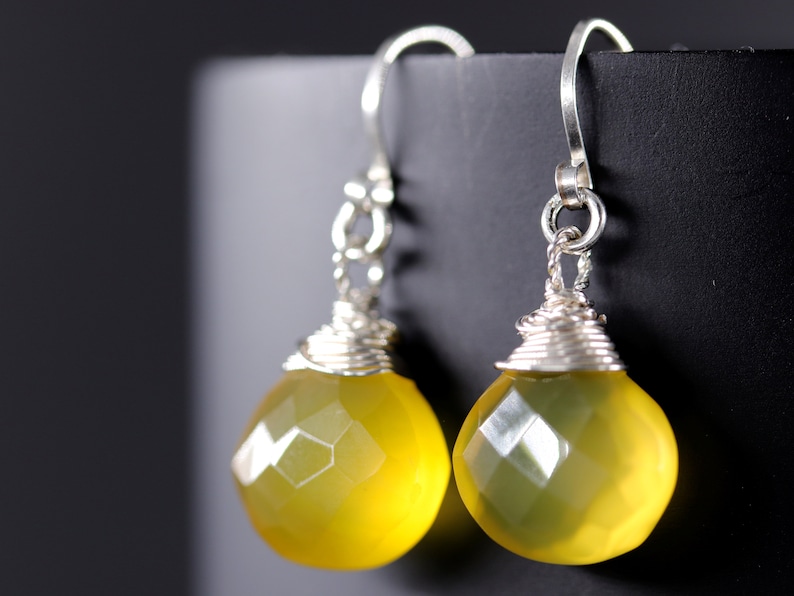 Yellow Chalcedony Earrings Sterling Silver Earrings Heart Briolette Earrings Gemstone Wire Wrapped Gemstone Earrings Marigold image 1