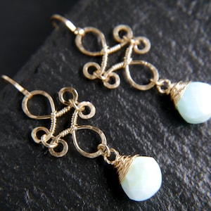 Blauer Opal Ohrringe Kronleuchter Ohrringe Draht Gewickelt Gold Filled Filigran Ohrringe Teardrop Ohrringe