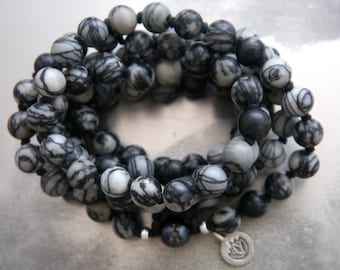 Mala Beads 108 Black Be ads Gemstone Necklace Wrap Bracelet Hand Knotted Silk Om Charm Boho Yoga Japa Prayer Meditation