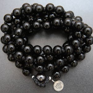 Mala Beads 108 Black Obsidian Stone Gemstone Necklace Wrap Bracelet Hand Knotted Silk  Yoga Meditation