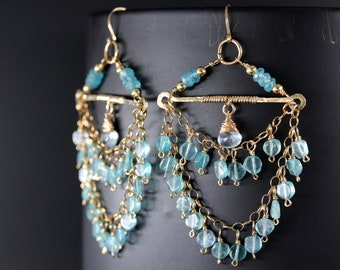 Apatite Aquamarine Wire Wrapped Gold Filled Tiered Fringe Chandelier Earrings March Birthstone