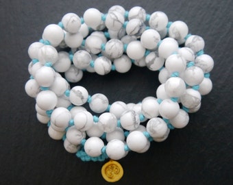 Mala Beads 108 White Howlite Gemstone Necklace Wrap Bracelet Hand Knotted Silk Om Charm Boho Yoga Japa Prayer Meditation