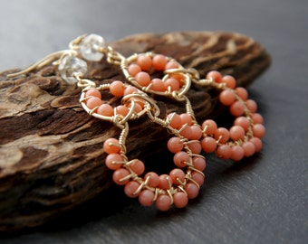 Salmon Pink Coral Hoop Earrings Gold Wire Wrapped Salmon Coral Tiered Circle Fringe Gemstone Boho Earrings Wedding Bride