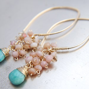 Gold Filled Turquoise Earrings Pink Opal Earrings Long Hoop Earrings Cluster Earrings Flower Earring Bohemian Blush Pink Wedding Bride image 9