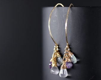 Citrine Amethyst Aquamarine Gold Filled Dangle Hoops Boho  Gemstone Wedding Bride