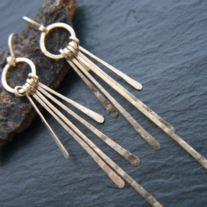 Gold Bar Earrings Long Fringe Earrings Hammered Gold Tapered Earrings Chandelier Earrings