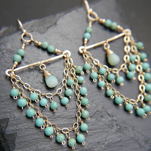 Boho Chandelier Ohrringe Ohrringe Türkis Gold Filled Ohrringe Fransen Aqua Magnesit