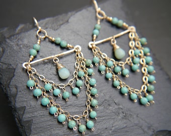 Bohemian Chandelier Earrings Earrings Turquoise Gold Filled Earrings Fringe Tiered Aqua Magnesite