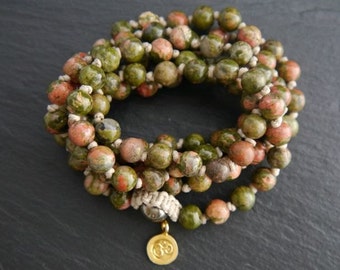 Pink Green Jasper, Mala Beads, Long Beaded Necklace, Gemstone Beads, Gold Vermeil, Sterling Silver, Charm, Om, Lotus Flower, Leaf, Bohemian