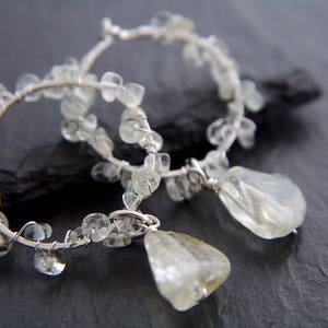 Aquamarine Nugget Garland Wire Wrapped Sterling Silver Dangle Floral Hoop Earrings March Birthstone