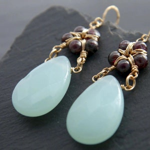 Aqua Chalcedony Garnet Flower Earrings Gold Filled Wire Wrapped Teardrop Dangle Gemstone Earrings Sea Glass Robin's Egg Blue Wedding image 5