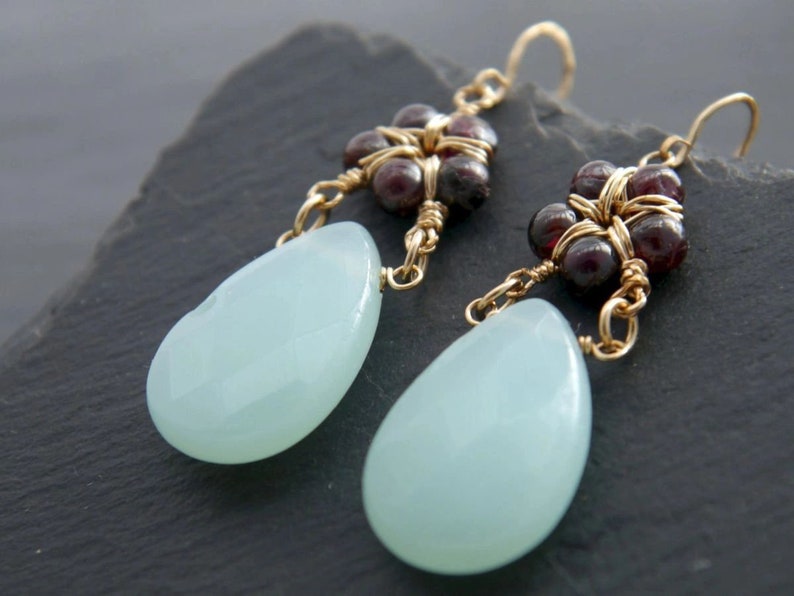 Aqua Chalcedony Garnet Flower Earrings Gold Filled Wire Wrapped Teardrop Dangle Gemstone Earrings Sea Glass Robin's Egg Blue Wedding image 5