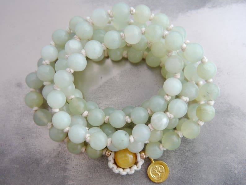 Mala Beads 108 Gemstone Necklace Wrap Bracelet Hand Knotted Silk Om Charm Boho Yoga Japa Prayer Meditation image 1