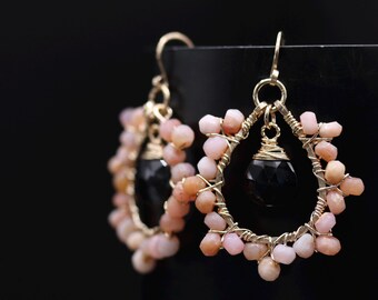 Roze opaal druppelvormige bloemen edelsteenoorbellen, 14K gold filled tuinhuwelijk
