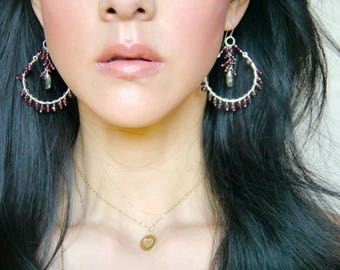 Garnet Hoop Earrings Sterling Silver Wire Wrapped Gemstone Briolette Teardrop Earrings Quartz Bohemian Chandelier Earrings Ethnic