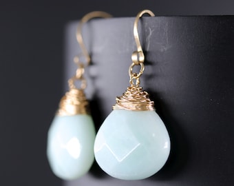 Amazonite Teardrop Earrings Gold Fill Wire Wrapped Gemstone Briolette Dangle Earrings Robins Egg Blue Simple Minimalist Wedding Bride