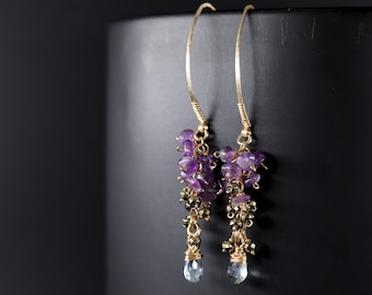 Amethyst Pyrite Natural Aquamarine Cascade Hoop Earrings Gold Filled Wire Wrapped Marquise Long Hoop Cluster Earrings Wedding Bride