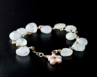 Aquamarine Freshwater Pink Pearl Flower Bracelet for Women Handmade Artisan Gold Filled Natural Gemstone Wedding Bridal Boho Floral