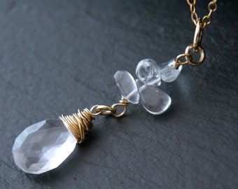 Quartz Necklace Aquamarine Gold Fill Wire Wrapped Pendant Gemstone Briolette Flower Quartz Crystal Necklace Blossoming Vine Boho