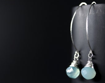 Earrings Aqua Chalcedony Drop Earrings Dangle Sterling Silver Earrings Wire Wrapped Handmade Jewelry Wedding Bridal Boho