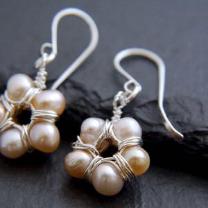 Pink Freshwater Pearl Wire Wrapped Sterling Silver Dangle Drop Floral Earrings