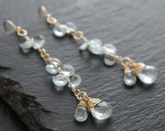 Aquamarine Flower Gold Fill Long Dangle Earrings Flower Petal Wire Wrapped Gemstone Briolette Teardrop Earrings Earrings Wedding Bride