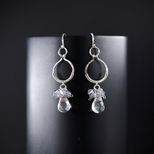 Quartz and Aquamarine Cluster Dangle orders Earrings, Sterling Silver, Natural Gemstone, Wire Wrapped, Bridal, Wedding